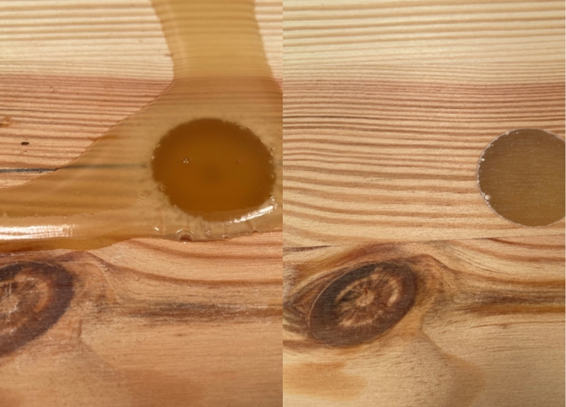 Clear patch to repair wood knots and other defects. Pictures above show after liquid polyurethane product application (left), and after curing and subsequent sanding (right).